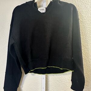 Stitches Stripes Cropped Hoodie V Neck Long Sleeve Casual Black Womens XS